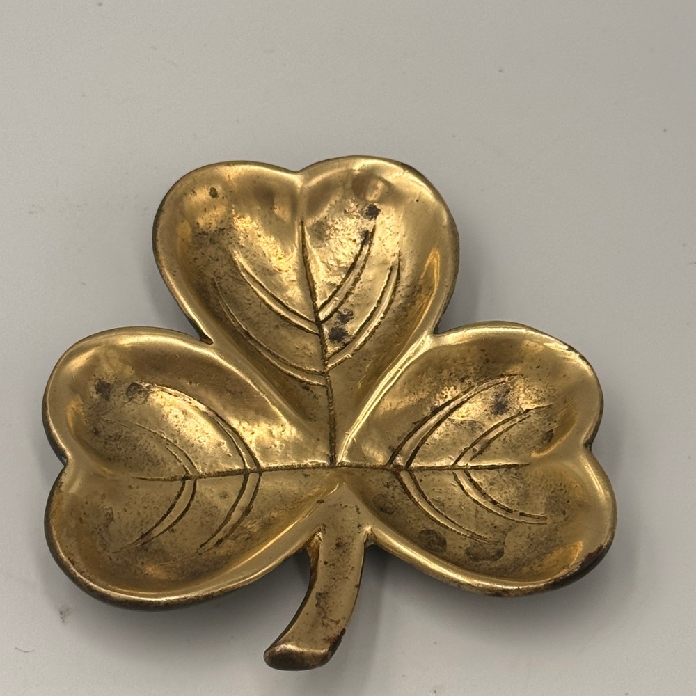 Vintage Brass Shamrock Trinket Dish Made in Ireland Clover Leaf Tray Patina
